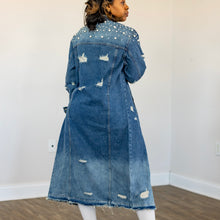Load image into Gallery viewer, Long Denim Pearl Jacket- Plus
